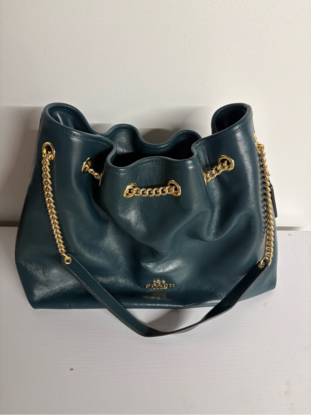 Coach Teal Leather Drawstring Shoulder Bag with Gold Chain Accents